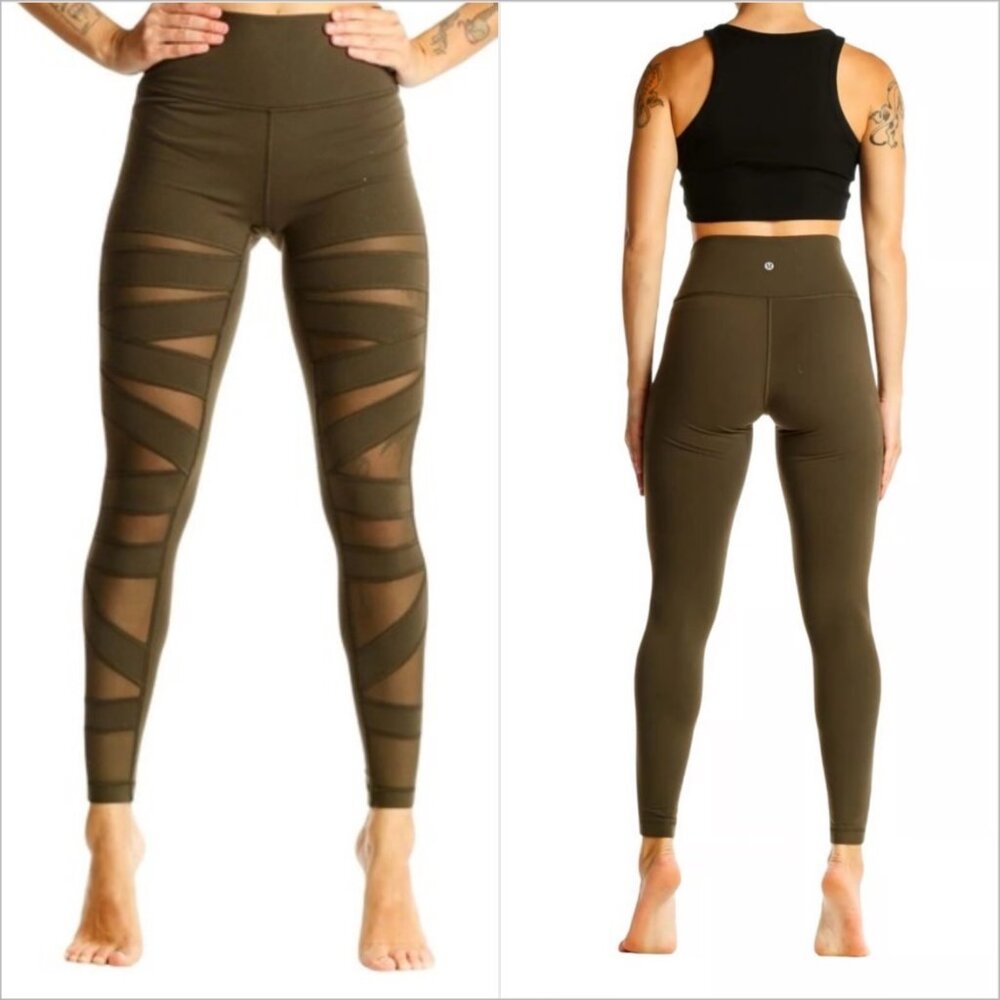 Lululemon High Rise Leggings Wunder Tech Mesh Olive Green Sz 2 Athleisure